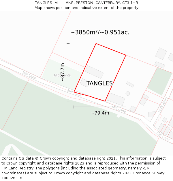 TANGLES, MILL LANE, PRESTON, CANTERBURY, CT3 1HB: Plot and title map