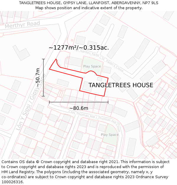 TANGLETREES HOUSE, GYPSY LANE, LLANFOIST, ABERGAVENNY, NP7 9LS: Plot and title map