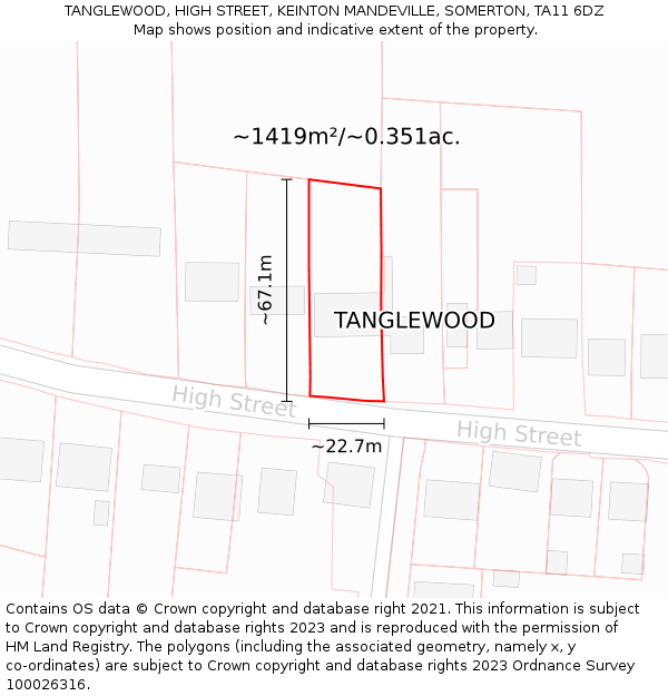 TANGLEWOOD, HIGH STREET, KEINTON MANDEVILLE, SOMERTON, TA11 6DZ: Plot and title map