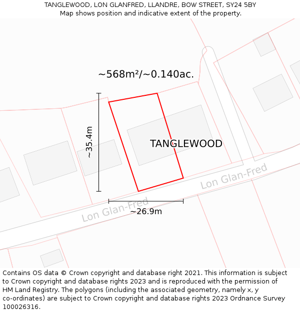 TANGLEWOOD, LON GLANFRED, LLANDRE, BOW STREET, SY24 5BY: Plot and title map
