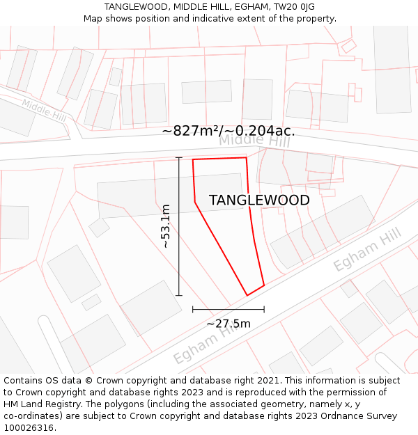 TANGLEWOOD, MIDDLE HILL, EGHAM, TW20 0JG: Plot and title map