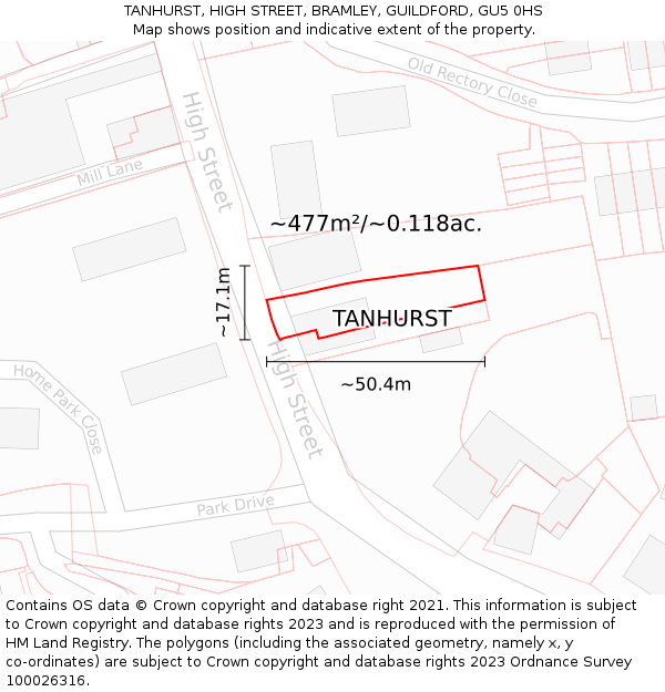 TANHURST, HIGH STREET, BRAMLEY, GUILDFORD, GU5 0HS: Plot and title map