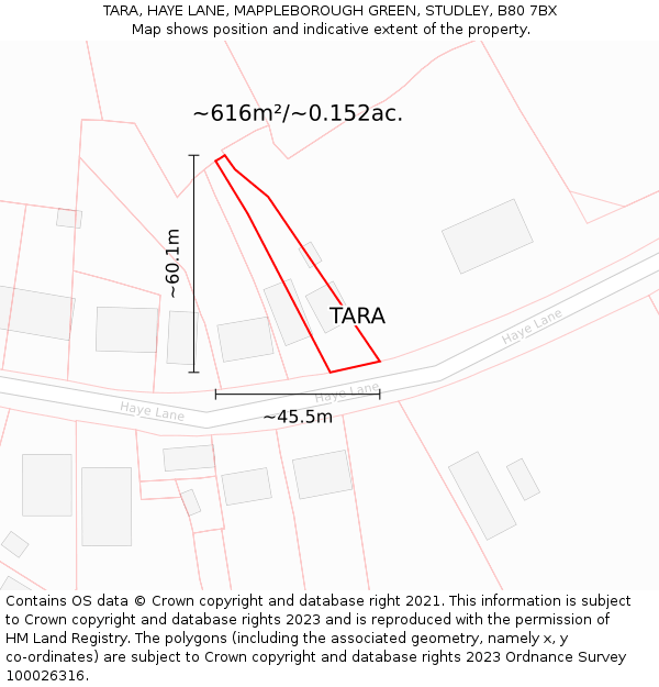 TARA, HAYE LANE, MAPPLEBOROUGH GREEN, STUDLEY, B80 7BX: Plot and title map