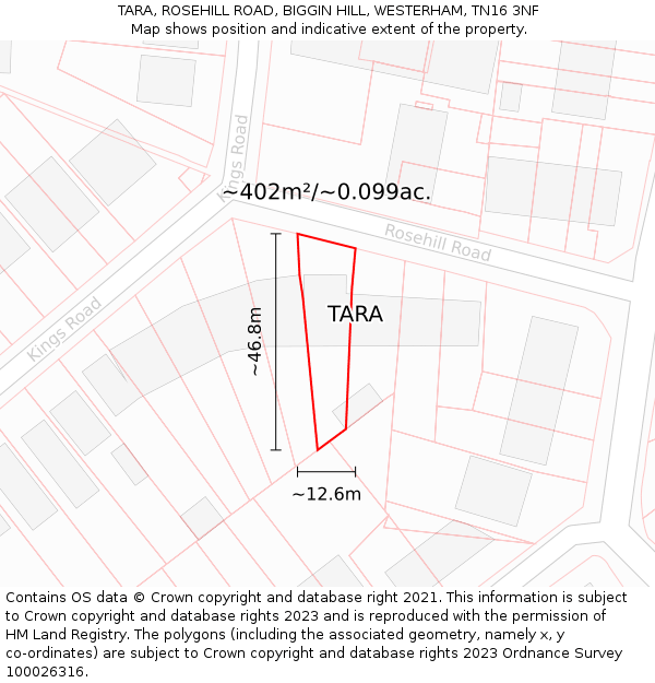 TARA, ROSEHILL ROAD, BIGGIN HILL, WESTERHAM, TN16 3NF: Plot and title map