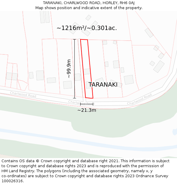 TARANAKI, CHARLWOOD ROAD, HORLEY, RH6 0AJ: Plot and title map