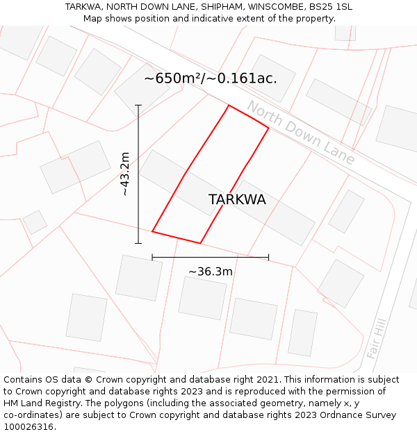 TARKWA, NORTH DOWN LANE, SHIPHAM, WINSCOMBE, BS25 1SL: Plot and title map
