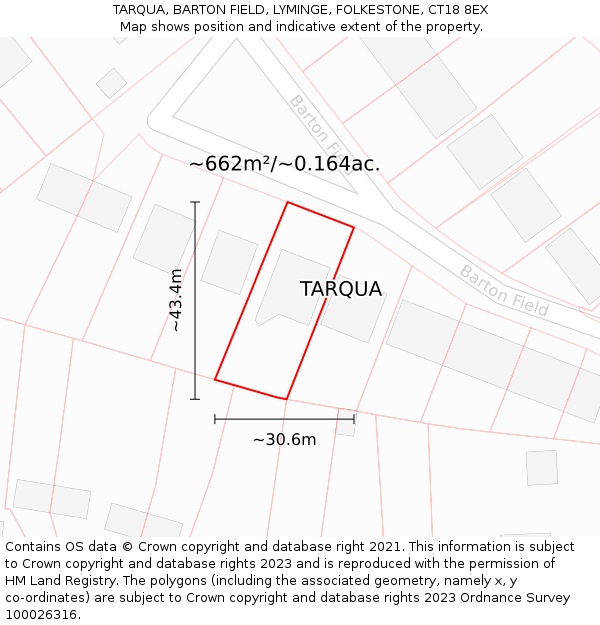 TARQUA, BARTON FIELD, LYMINGE, FOLKESTONE, CT18 8EX: Plot and title map