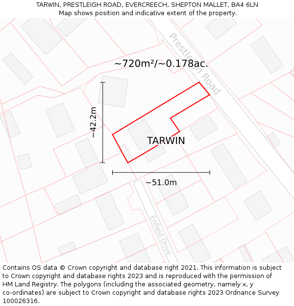 TARWIN, PRESTLEIGH ROAD, EVERCREECH, SHEPTON MALLET, BA4 6LN: Plot and title map