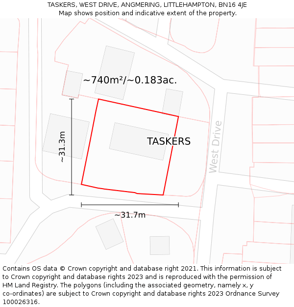 TASKERS, WEST DRIVE, ANGMERING, LITTLEHAMPTON, BN16 4JE: Plot and title map