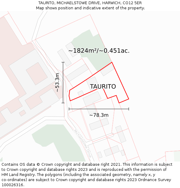 TAURITO, MICHAELSTOWE DRIVE, HARWICH, CO12 5ER: Plot and title map