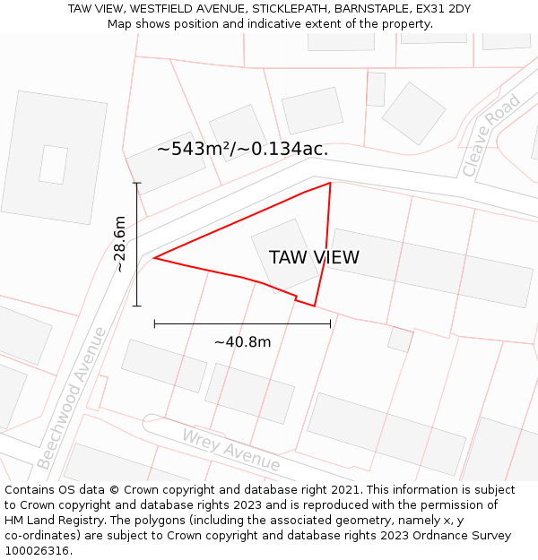 TAW VIEW, WESTFIELD AVENUE, STICKLEPATH, BARNSTAPLE, EX31 2DY: Plot and title map