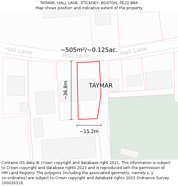 TAYMAR, HALL LANE, STICKNEY, BOSTON, PE22 8BA: Plot and title map