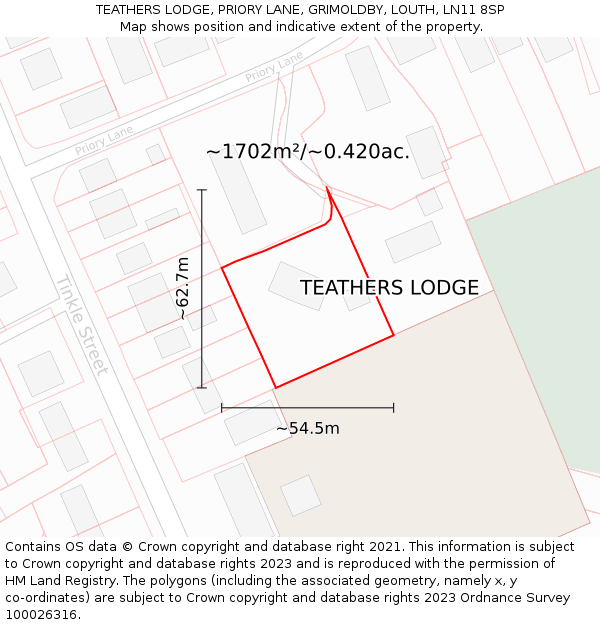 TEATHERS LODGE, PRIORY LANE, GRIMOLDBY, LOUTH, LN11 8SP: Plot and title map