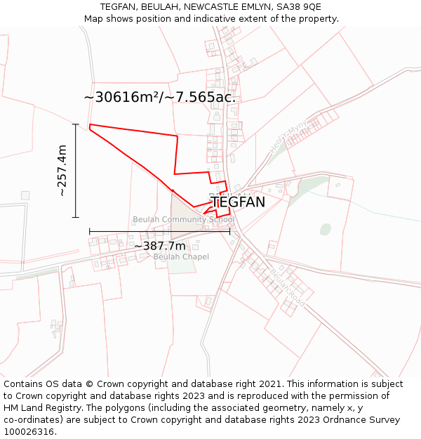TEGFAN, BEULAH, NEWCASTLE EMLYN, SA38 9QE: Plot and title map