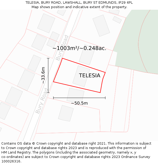 TELESIA, BURY ROAD, LAWSHALL, BURY ST EDMUNDS, IP29 4PL: Plot and title map