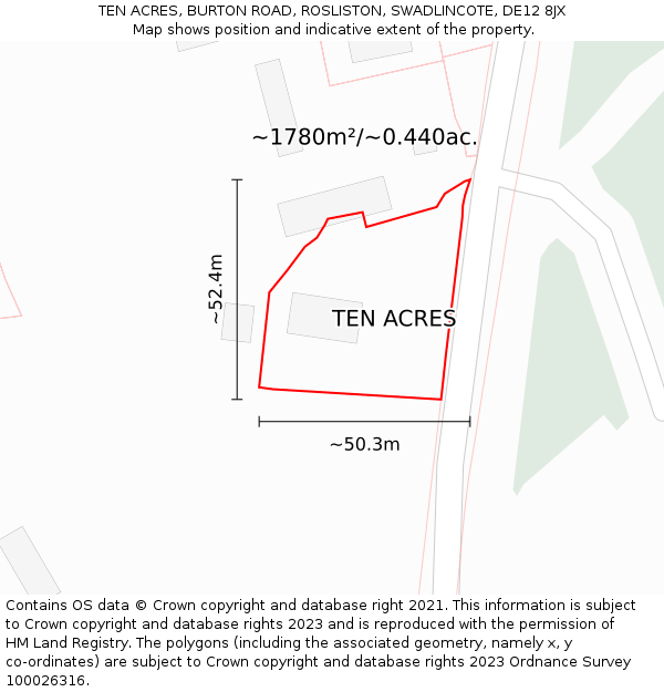 TEN ACRES, BURTON ROAD, ROSLISTON, SWADLINCOTE, DE12 8JX: Plot and title map