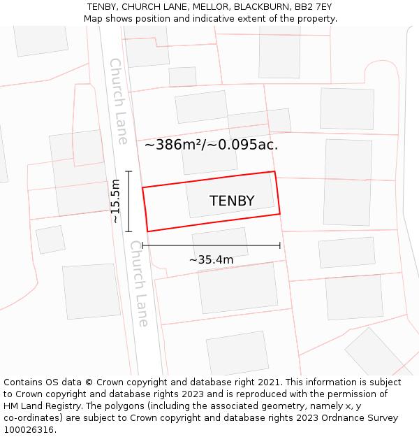 TENBY, CHURCH LANE, MELLOR, BLACKBURN, BB2 7EY: Plot and title map