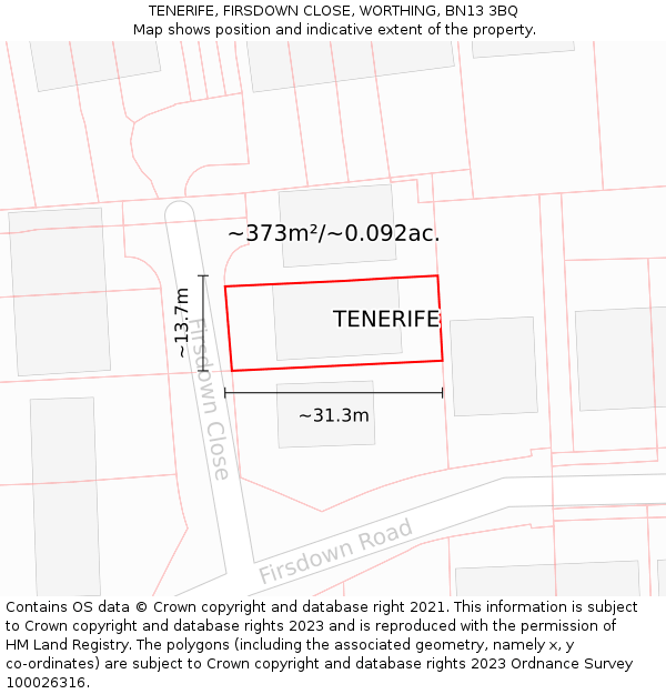 TENERIFE, FIRSDOWN CLOSE, WORTHING, BN13 3BQ: Plot and title map