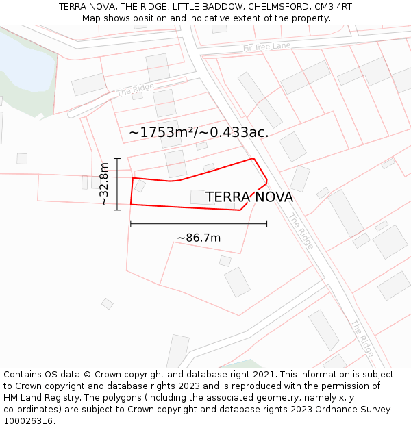 TERRA NOVA, THE RIDGE, LITTLE BADDOW, CHELMSFORD, CM3 4RT: Plot and title map