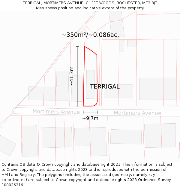 TERRIGAL, MORTIMERS AVENUE, CLIFFE WOODS, ROCHESTER, ME3 8JT: Plot and title map