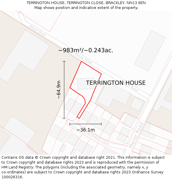 TERRINGTON HOUSE, TERRINGTON CLOSE, BRACKLEY, NN13 6EN: Plot and title map