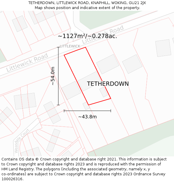 TETHERDOWN, LITTLEWICK ROAD, KNAPHILL, WOKING, GU21 2JX: Plot and title map