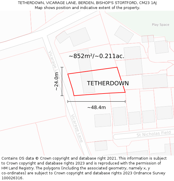 TETHERDOWN, VICARAGE LANE, BERDEN, BISHOP'S STORTFORD, CM23 1AJ: Plot and title map