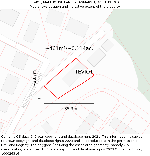TEVIOT, MALTHOUSE LANE, PEASMARSH, RYE, TN31 6TA: Plot and title map
