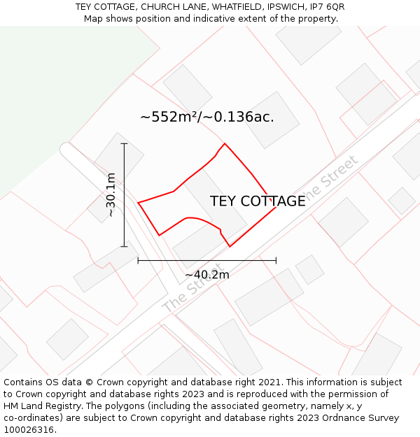 TEY COTTAGE, CHURCH LANE, WHATFIELD, IPSWICH, IP7 6QR: Plot and title map