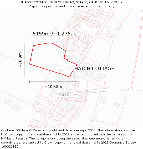 THATCH COTTAGE, DURLOCK ROAD, STAPLE, CANTERBURY, CT3 1JX: Plot and title map