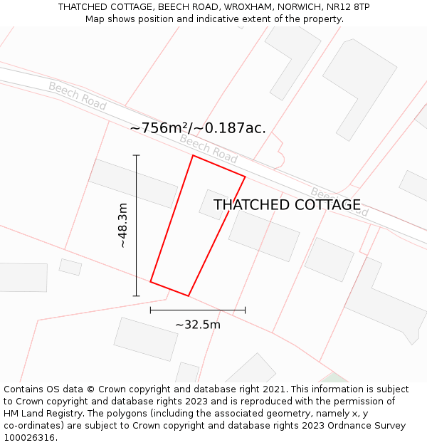 THATCHED COTTAGE, BEECH ROAD, WROXHAM, NORWICH, NR12 8TP: Plot and title map