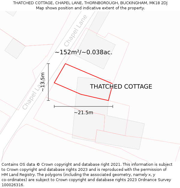 THATCHED COTTAGE, CHAPEL LANE, THORNBOROUGH, BUCKINGHAM, MK18 2DJ: Plot and title map