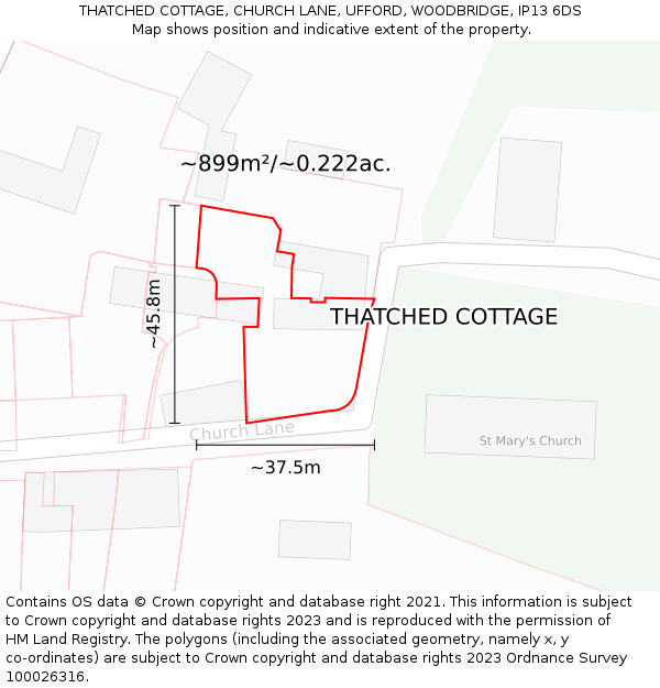 THATCHED COTTAGE, CHURCH LANE, UFFORD, WOODBRIDGE, IP13 6DS: Plot and title map