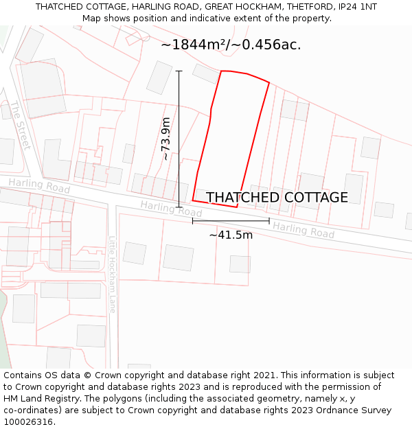 THATCHED COTTAGE, HARLING ROAD, GREAT HOCKHAM, THETFORD, IP24 1NT: Plot and title map