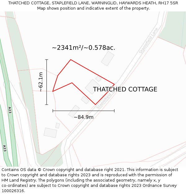 THATCHED COTTAGE, STAPLEFIELD LANE, WARNINGLID, HAYWARDS HEATH, RH17 5SR: Plot and title map