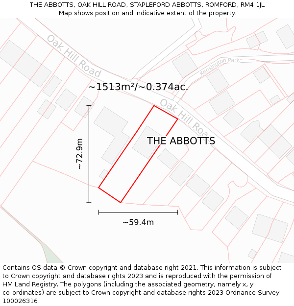 THE ABBOTTS, OAK HILL ROAD, STAPLEFORD ABBOTTS, ROMFORD, RM4 1JL: Plot and title map