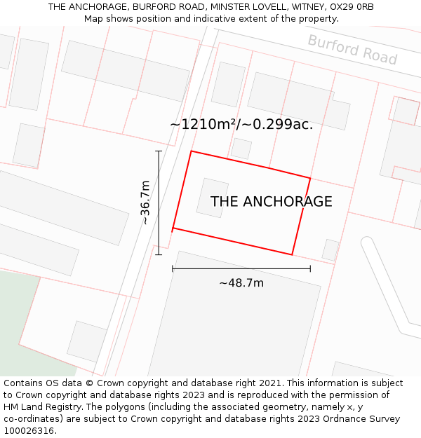 THE ANCHORAGE, BURFORD ROAD, MINSTER LOVELL, WITNEY, OX29 0RB: Plot and title map