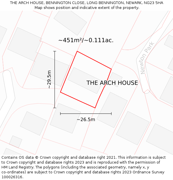 THE ARCH HOUSE, BENNINGTON CLOSE, LONG BENNINGTON, NEWARK, NG23 5HA: Plot and title map