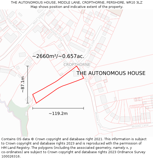 THE AUTONOMOUS HOUSE, MIDDLE LANE, CROPTHORNE, PERSHORE, WR10 3LZ: Plot and title map