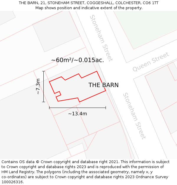 THE BARN, 21, STONEHAM STREET, COGGESHALL, COLCHESTER, CO6 1TT: Plot and title map