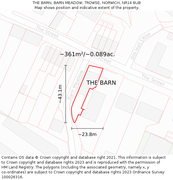 THE BARN, BARN MEADOW, TROWSE, NORWICH, NR14 8UB: Plot and title map
