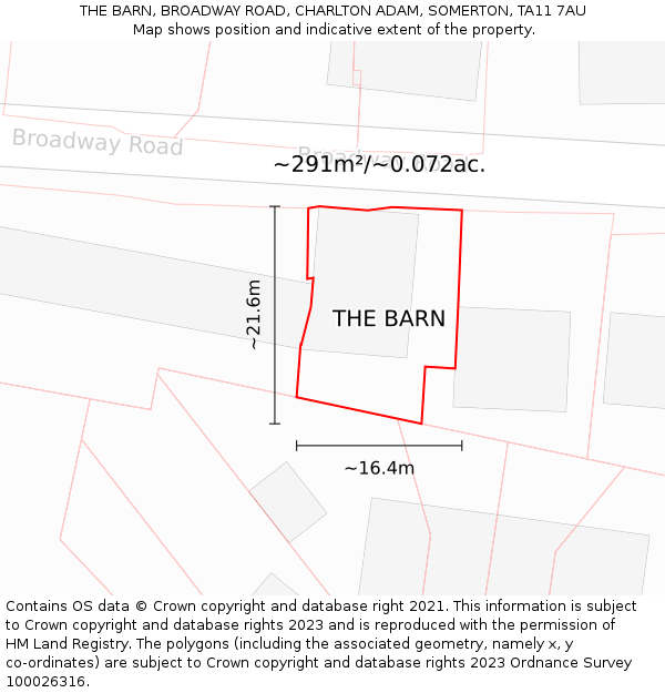 THE BARN, BROADWAY ROAD, CHARLTON ADAM, SOMERTON, TA11 7AU: Plot and title map