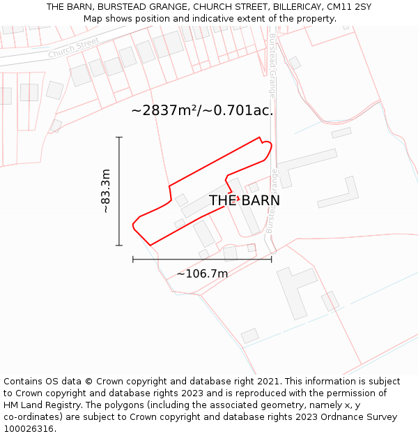 THE BARN, BURSTEAD GRANGE, CHURCH STREET, BILLERICAY, CM11 2SY: Plot and title map