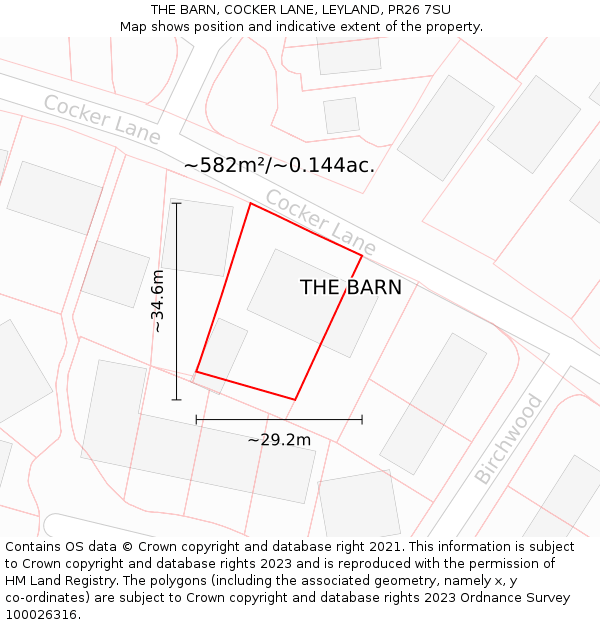 THE BARN, COCKER LANE, LEYLAND, PR26 7SU: Plot and title map