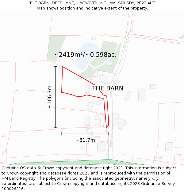 THE BARN, DEEP LANE, HAGWORTHINGHAM, SPILSBY, PE23 4LZ: Plot and title map