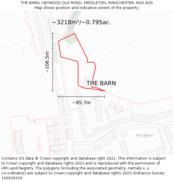 THE BARN, HEYWOOD OLD ROAD, MIDDLETON, MANCHESTER, M24 4GS: Plot and title map