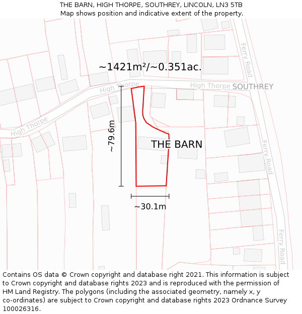 THE BARN, HIGH THORPE, SOUTHREY, LINCOLN, LN3 5TB: Plot and title map