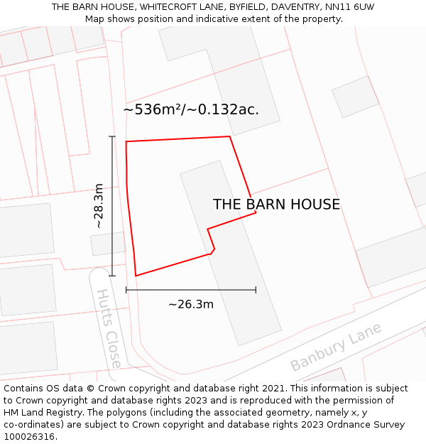 THE BARN HOUSE, WHITECROFT LANE, BYFIELD, DAVENTRY, NN11 6UW: Plot and title map