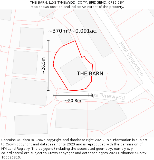 THE BARN, LLYS TYNEWYDD, COITY, BRIDGEND, CF35 6BY: Plot and title map