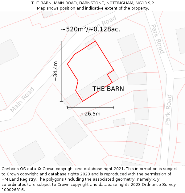 THE BARN, MAIN ROAD, BARNSTONE, NOTTINGHAM, NG13 9JP: Plot and title map